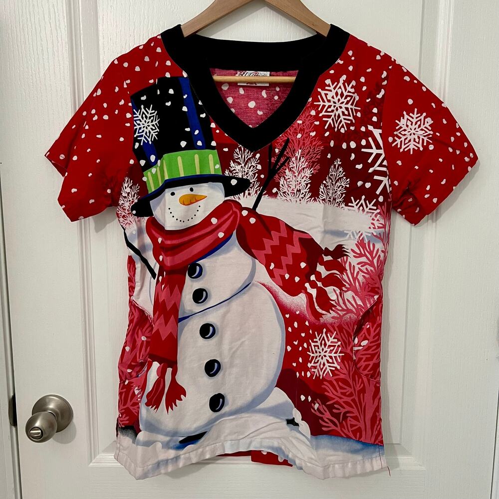 Uniform Advantage UA Scrubs | Christmas Snow Season Snowman Top | Red | Small